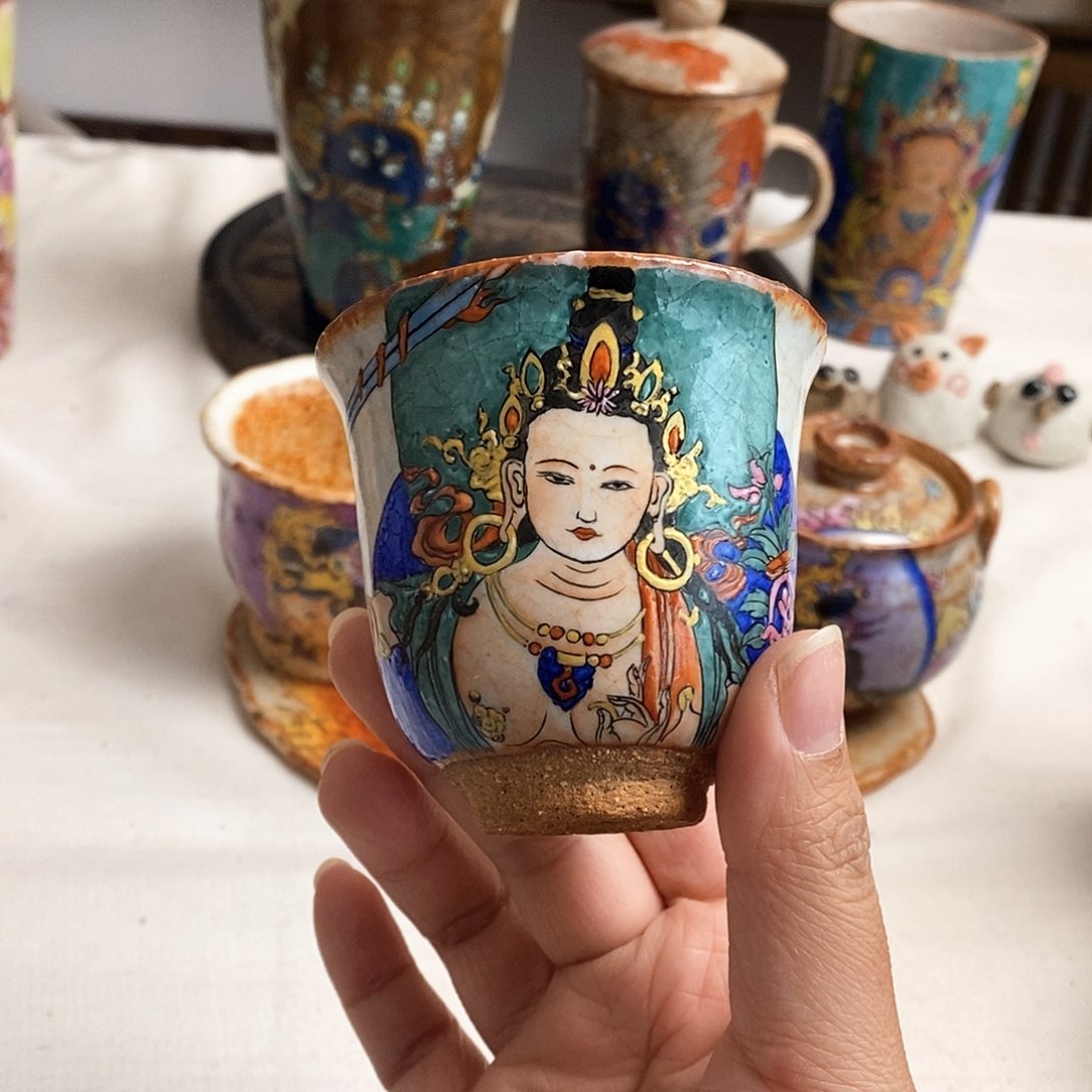 手工手绘文殊茶杯