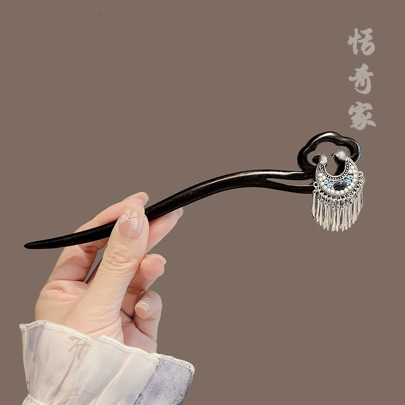 恬奇家a781”蓝银月牙“双面款重工木质发簪原创设计百搭日常新中式