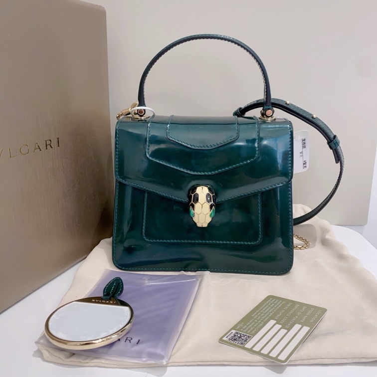 95新  BVLGARI/宝格丽全套 深绿色蛇头风琴包14314760