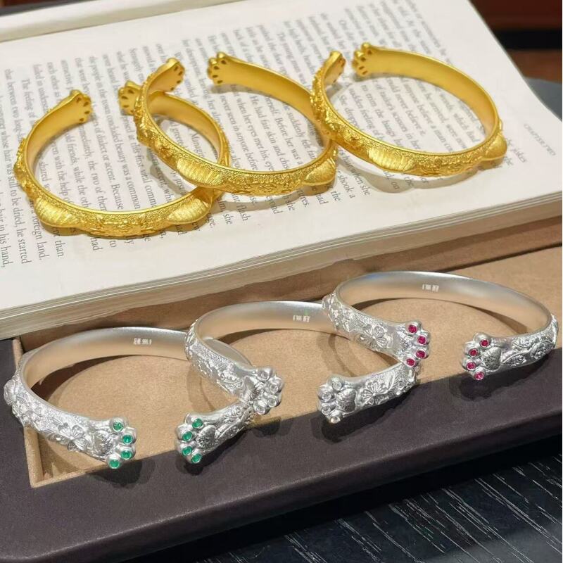 喜宝春花足银999手镯 招财猫爪手镯