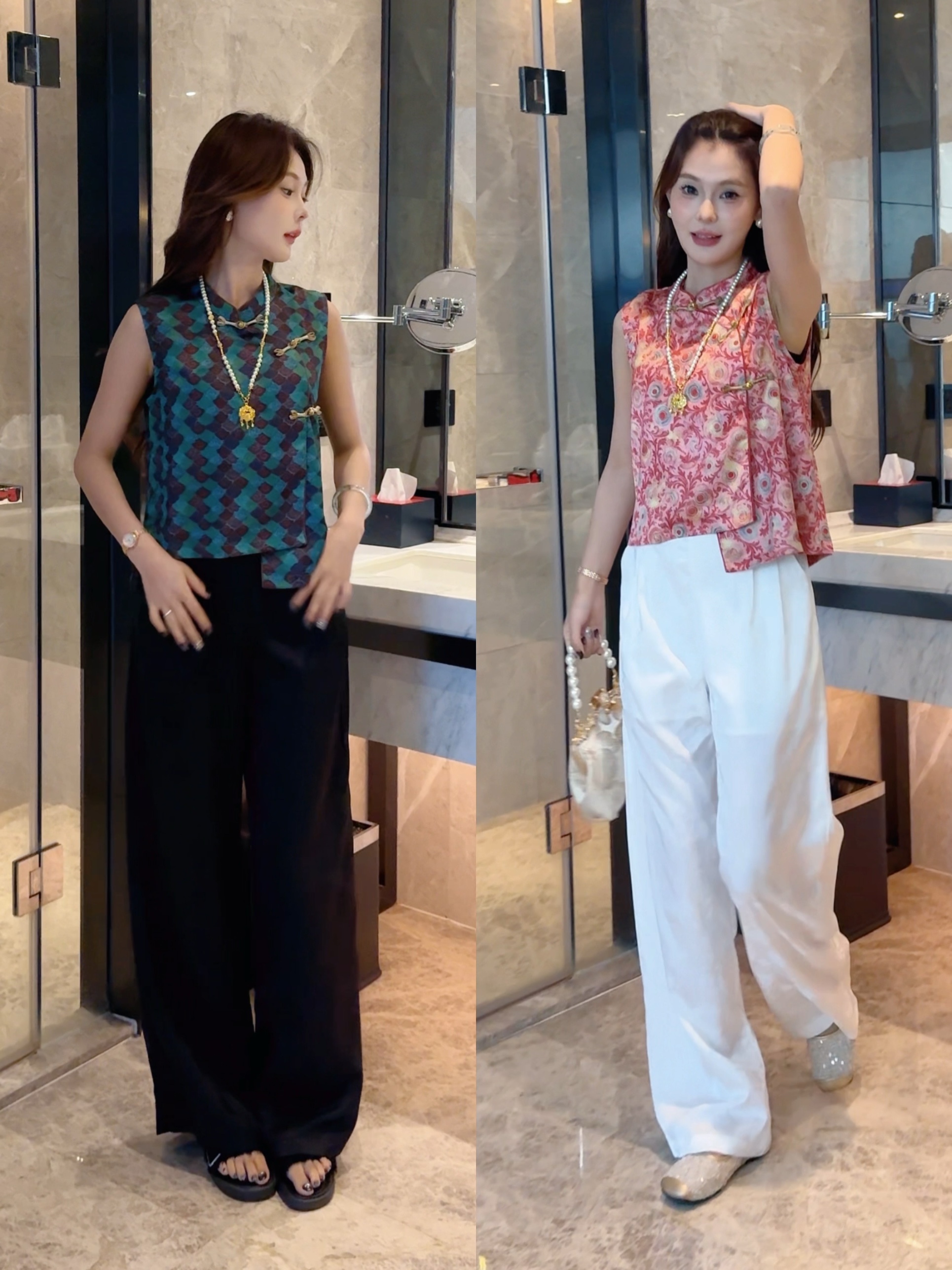 新中式国风时尚套装女夏季洋气盘扣提花无袖马甲上衣阔腿裤两件套