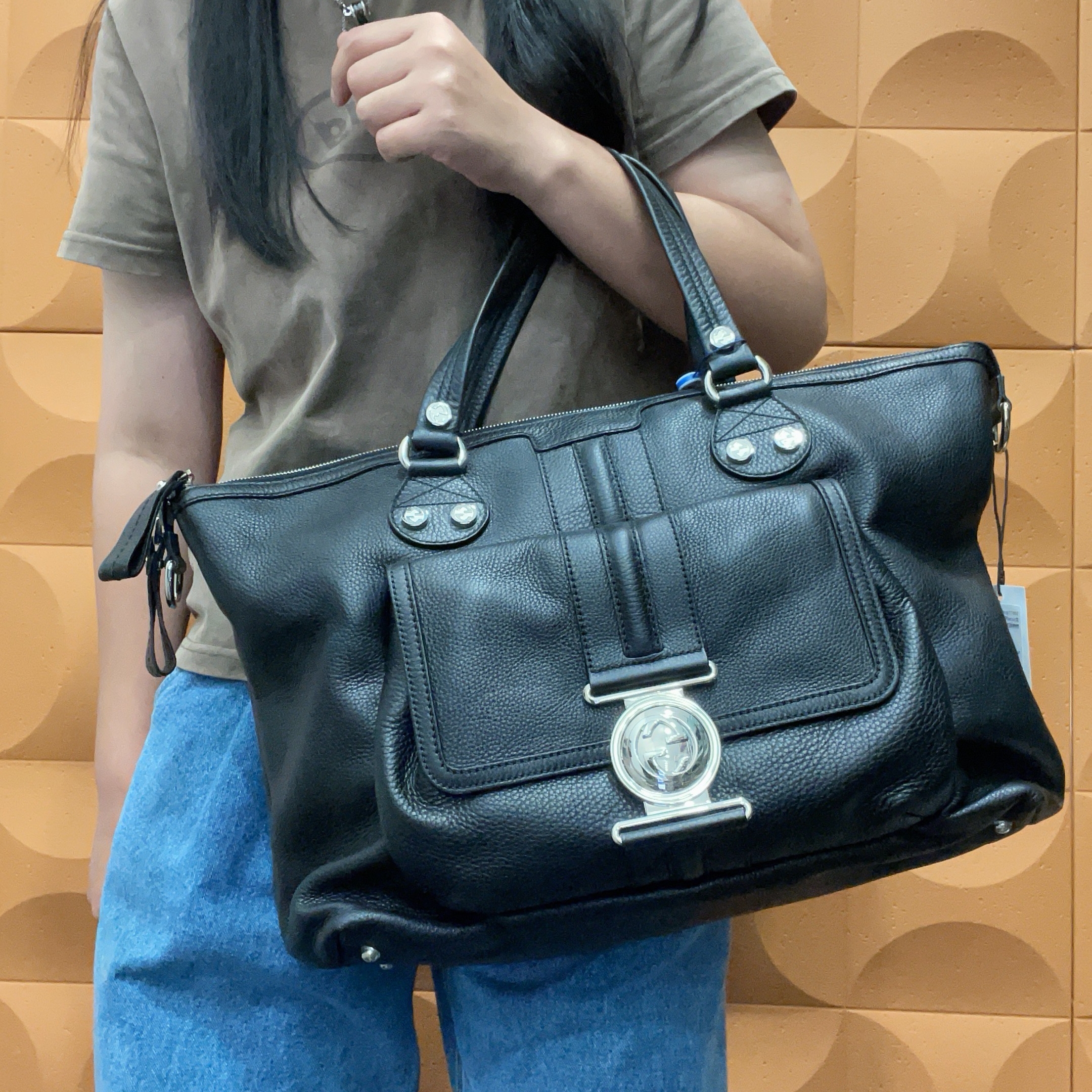 95新 GUCCI/古驰 【胖】 01 0727 黑色托特手提包