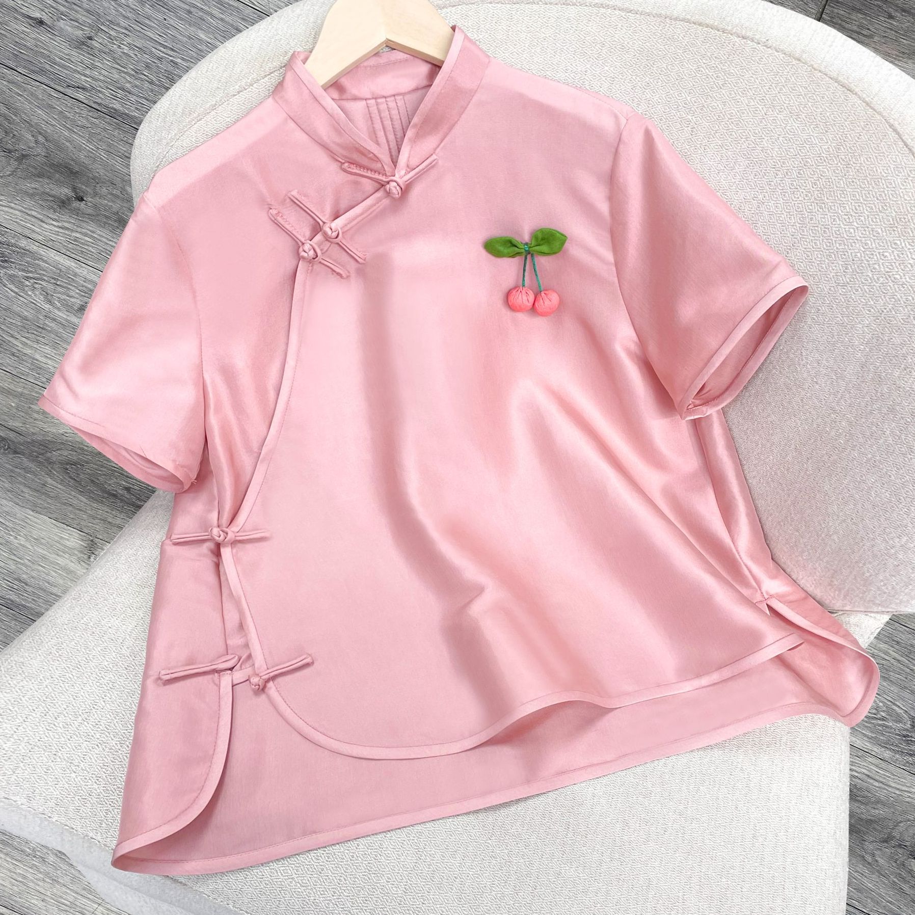 【双宫真丝】国风盘扣真丝上衣女春夏中式立领宽松小衫气质百搭短袖