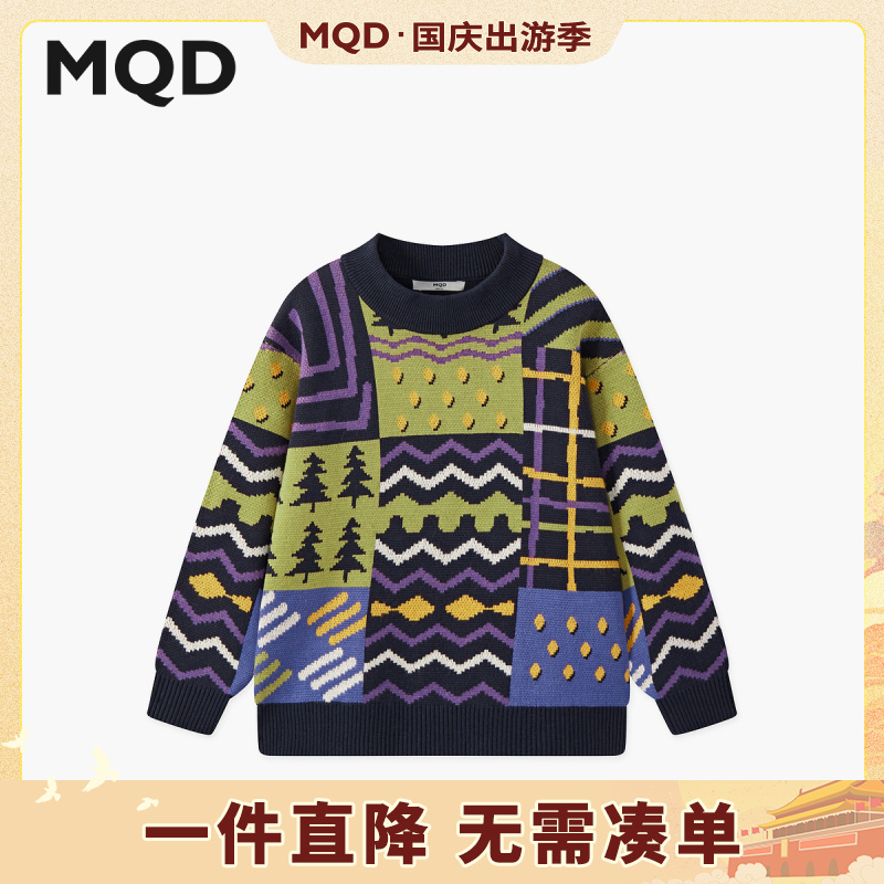 MQD男童25冬新款户外风撞色线条格纹半高领针织衫毛衣9654W0703