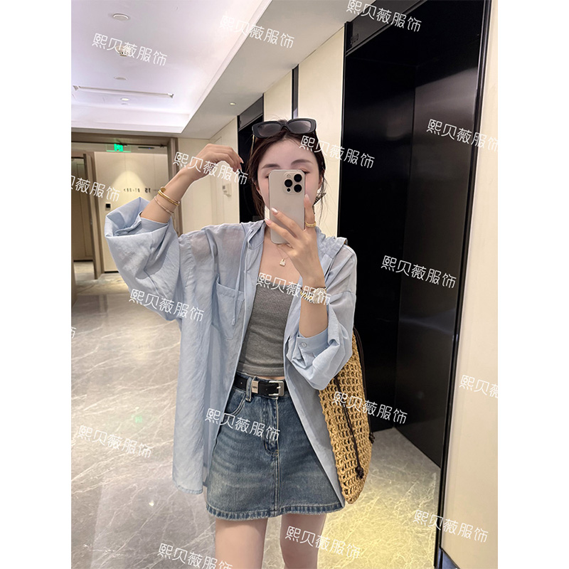 熙贝薇7 韩系纯色连帽抽绳慵懒松弛感薄款休闲百搭防晒衬衫G7732