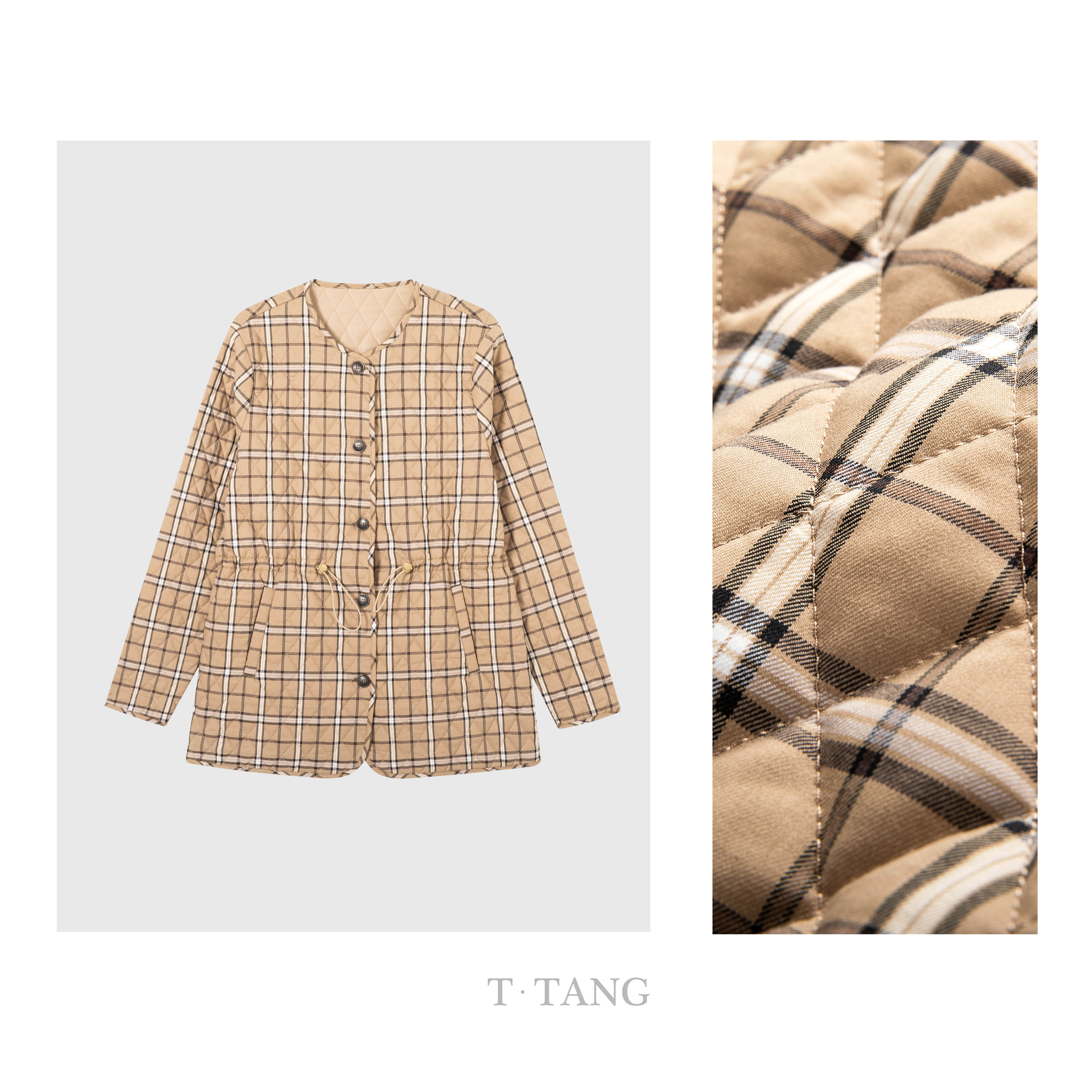 秋冬新款160g色织棉格时尚休闲宽松气质百搭女士格纹棉服【7526】