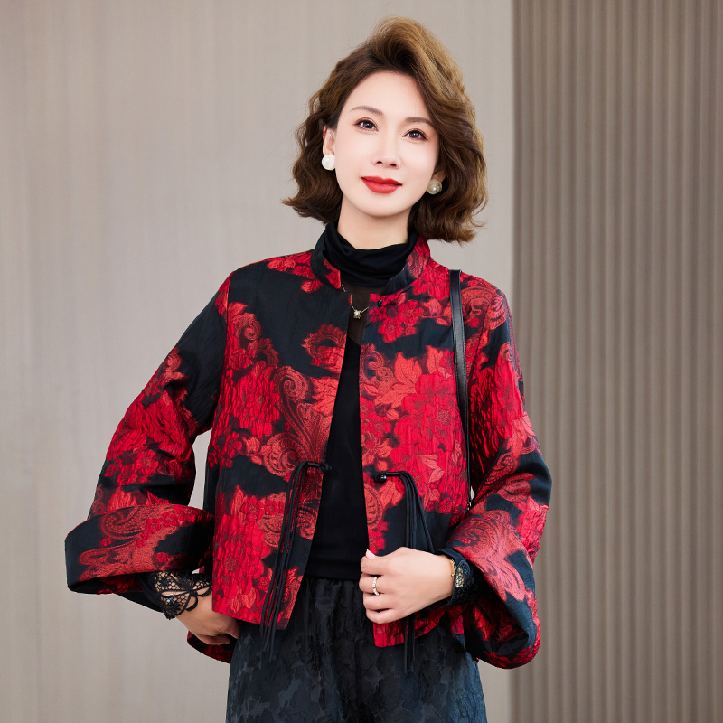 妈妈国色天香浮雕提花中国风中式本命年红色短外套早春长袖宽松