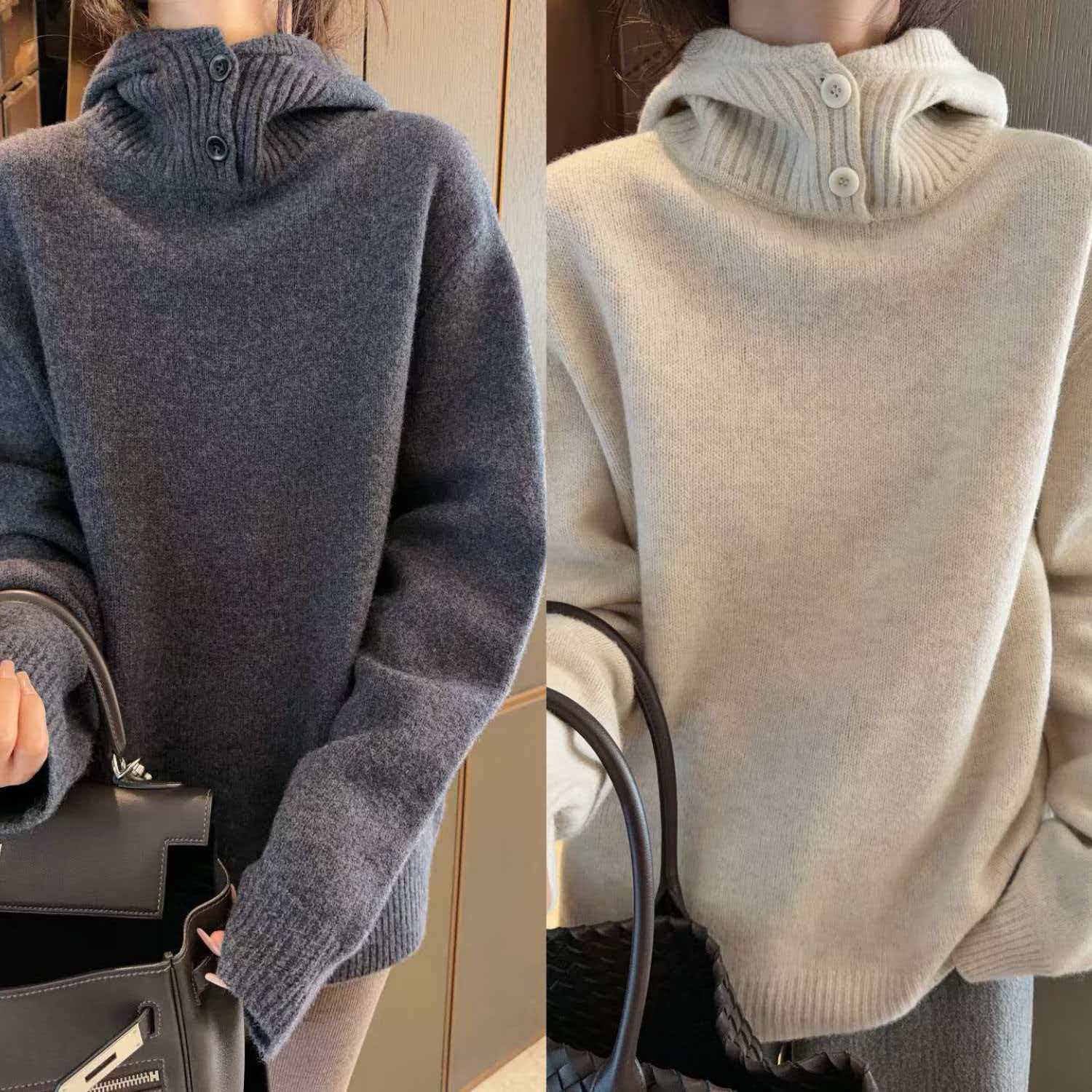 冬季新款 强洗水羊毛 极简松弛二粒扣连帽宽松羊毛针织衫毛衣女-1