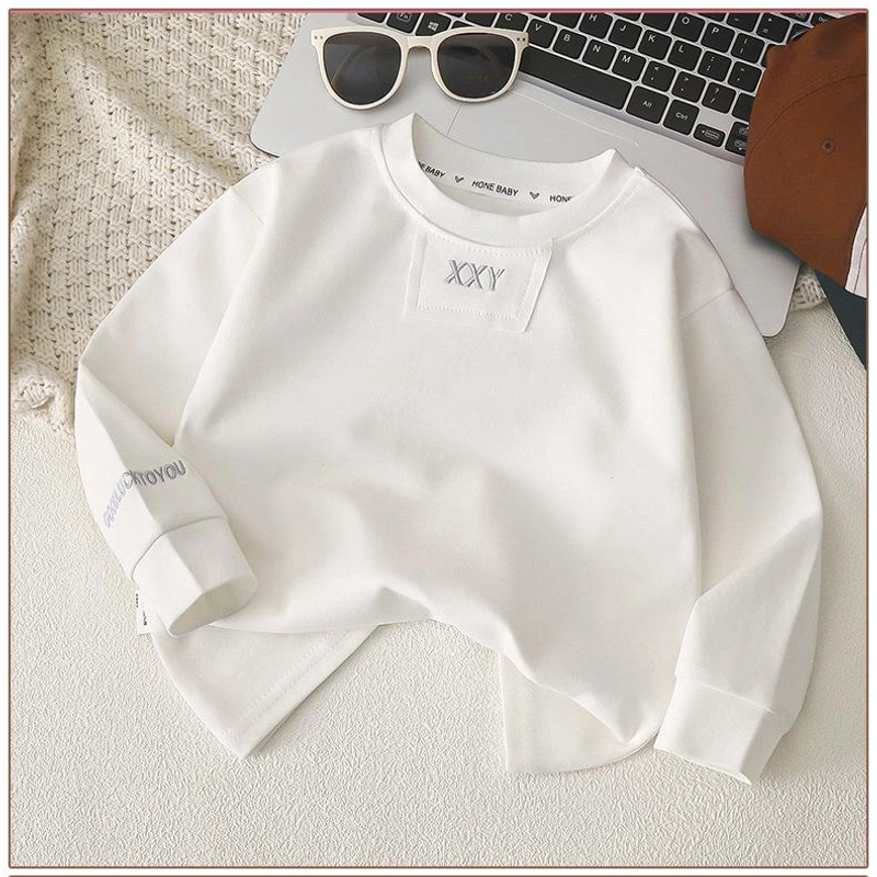 2025刺绣春秋款纯棉秋衣男女童棉长袖圆领卫衣简约时尚长T恤