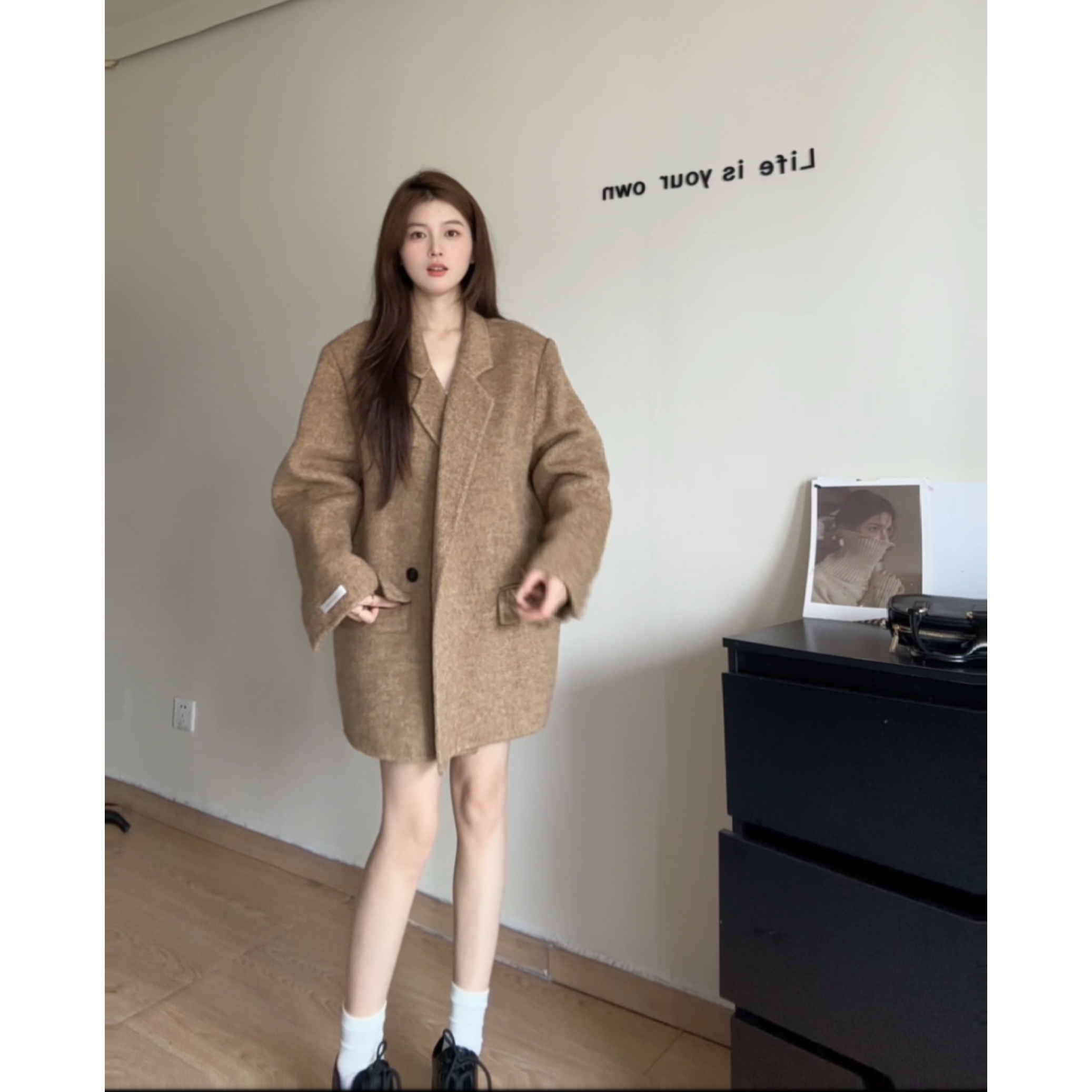 FIRITII【晨雾之茗】欧若风韩系百搭宽松高贵气质羊毛西装大衣611