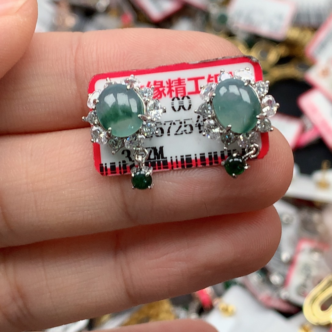 翡翠戒指银S925镶嵌天然翡翠耳饰