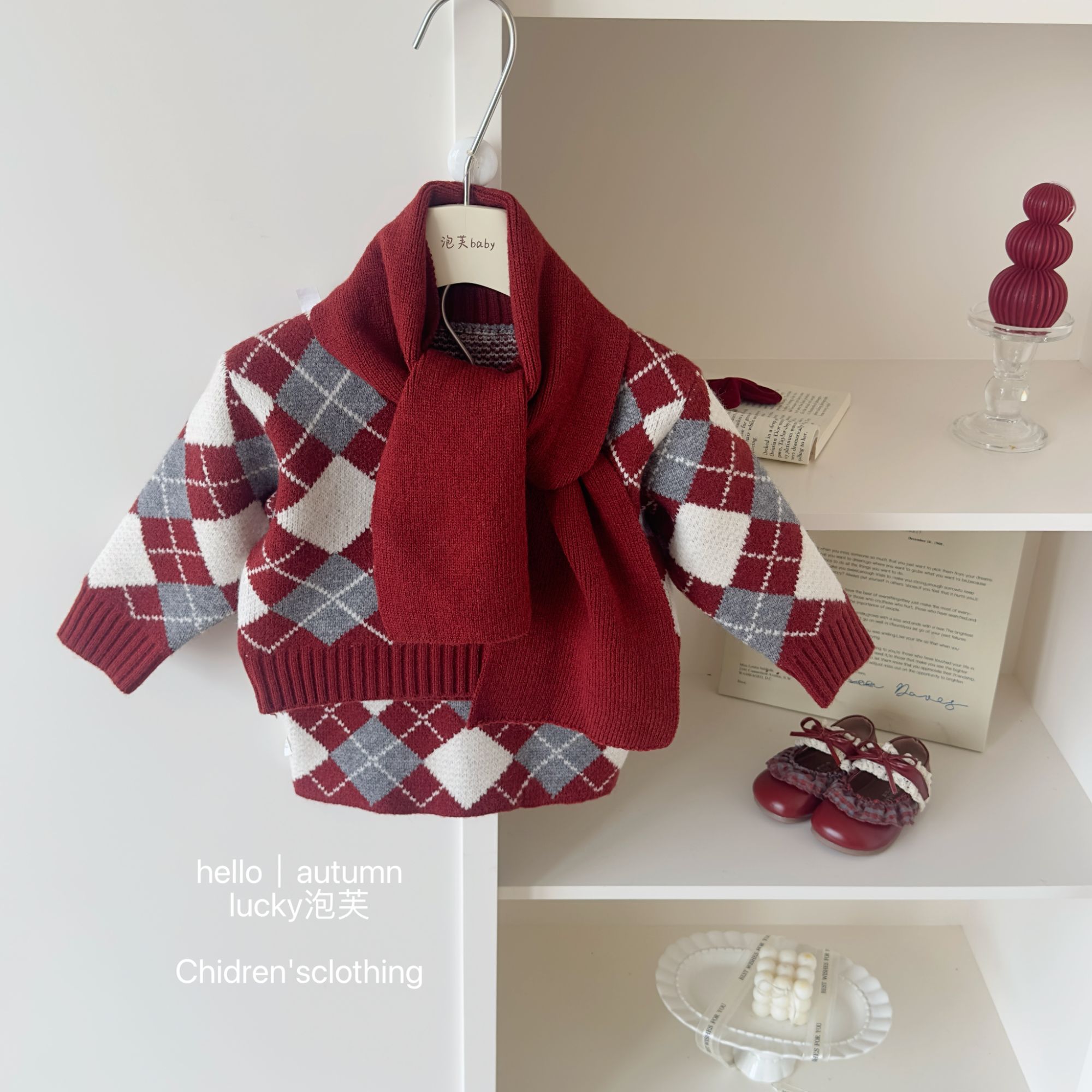 【实体现现】韩里韩气！女童红格子v领针织秋冬软糯加厚半身裙套装
