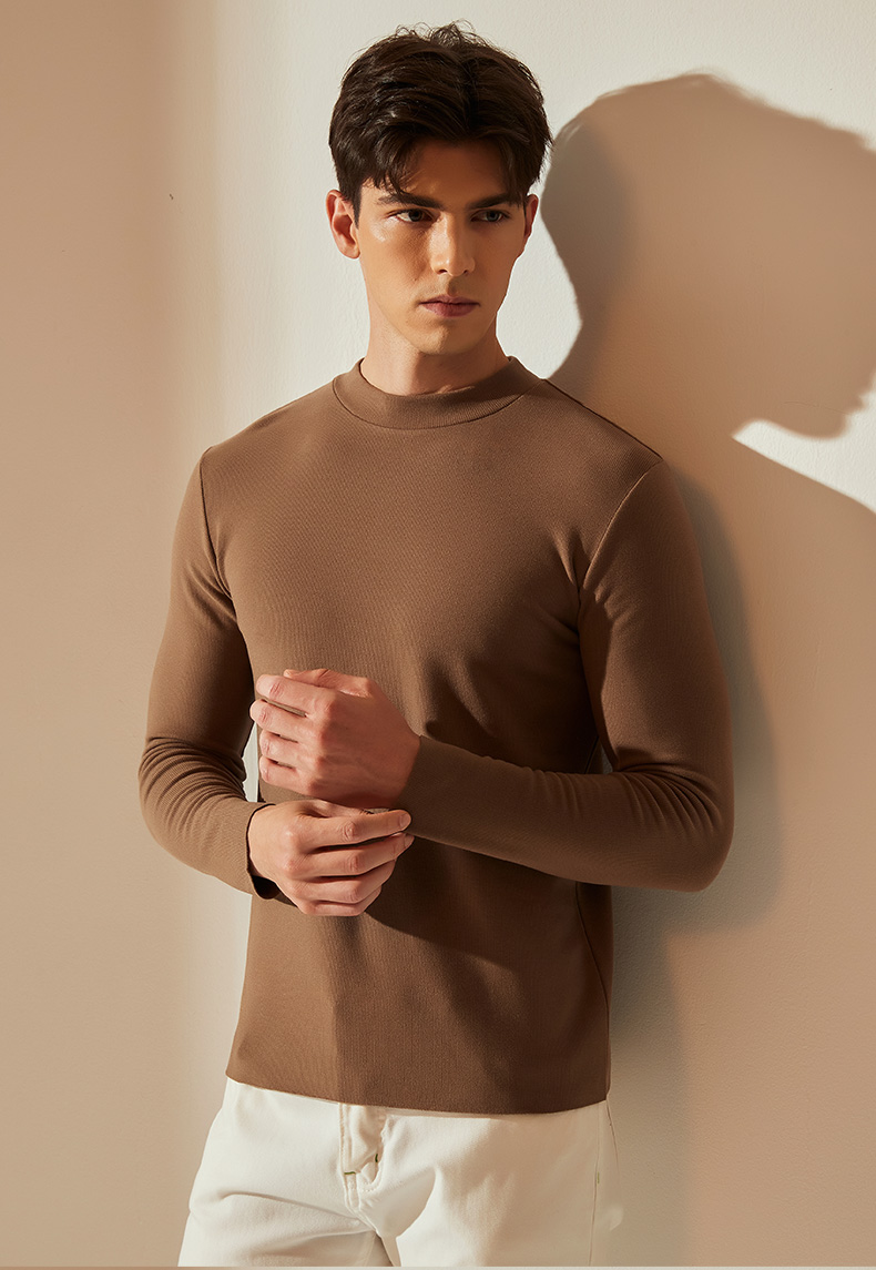 94舒适男款长袖厚款加绒中领薄款打底衫上装纯色冬季半高领秋冬