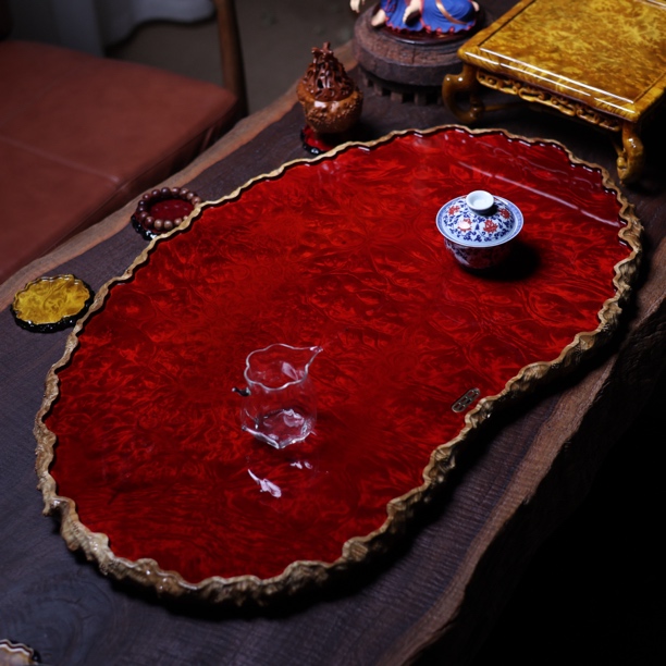 81-48-2.7 缅甸黄金樟干泡茶盘家用缅花满榴花茶具整块实木托盘