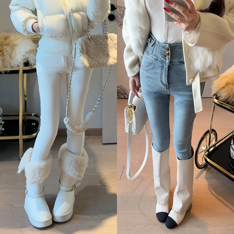 小雨姐姐【热感漫画腿】三粒扣高腰加绒九分牛仔小脚裤显瘦神裤女