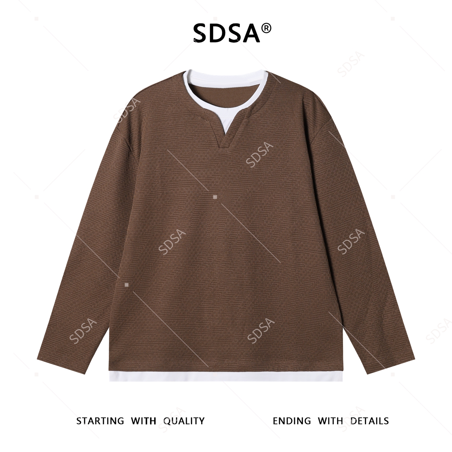 SDSA男士秋冬新款痞帅男装设计师撞色肌理感假两件长袖T恤百搭潮