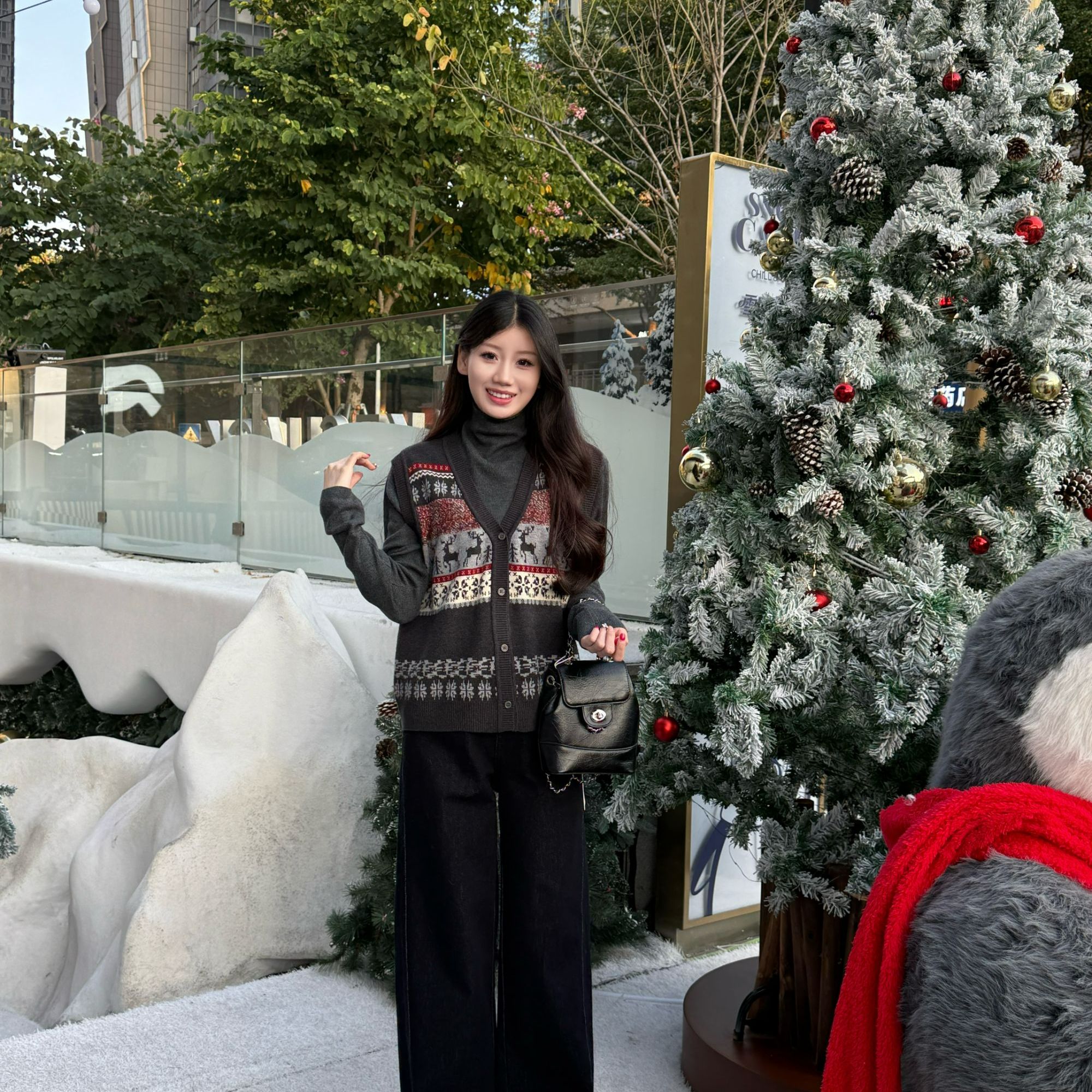 韩系复古提花套头衫+马甲时尚套装2025冬新款