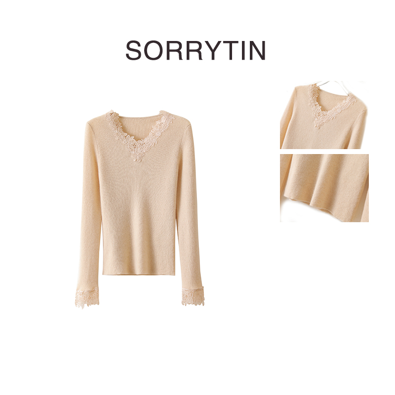 《杏雪》思家高品质 华*伦漂亮高奢 立体网纱蕾丝拼接羊绒针织衫 女
