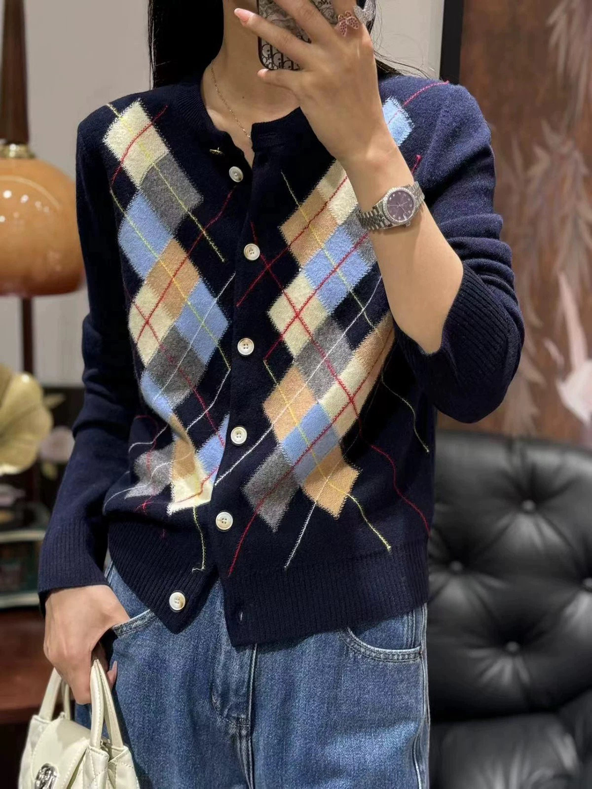 8184复古高级感针织开衫女秋冬新款圆领格纹提花外套