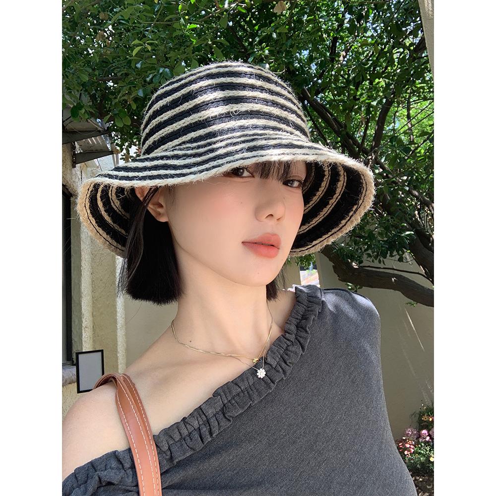 韩系复古条纹渔夫帽女夏季透气显脸小遮阳出游海边沙滩草帽子