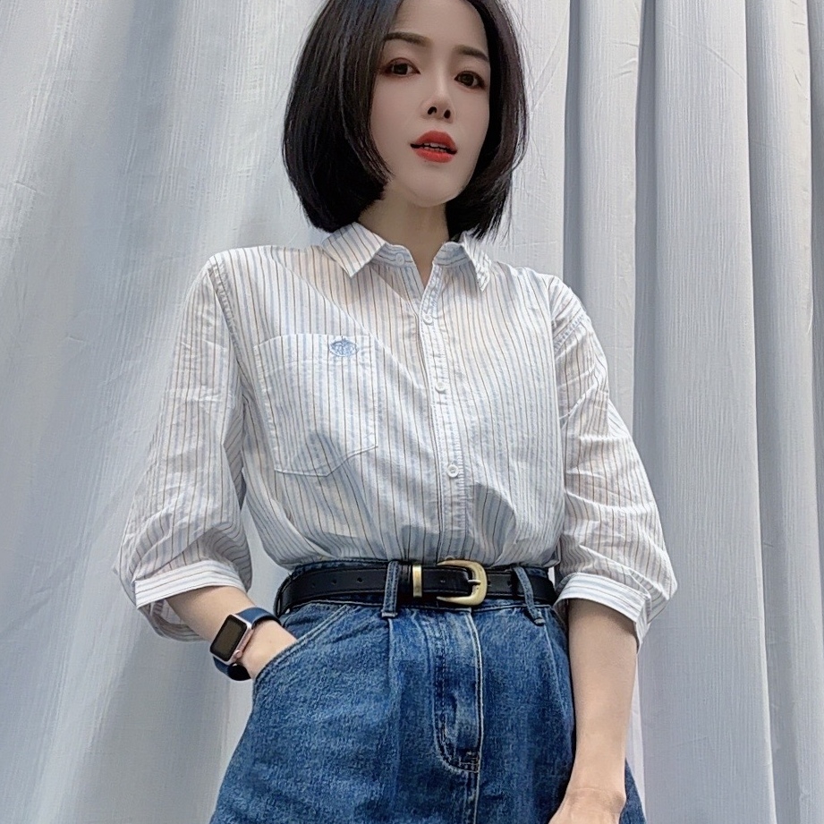 H285高级感条纹棉衬衫女2025春款休闲时尚气质减龄百搭短袖衬衣潮