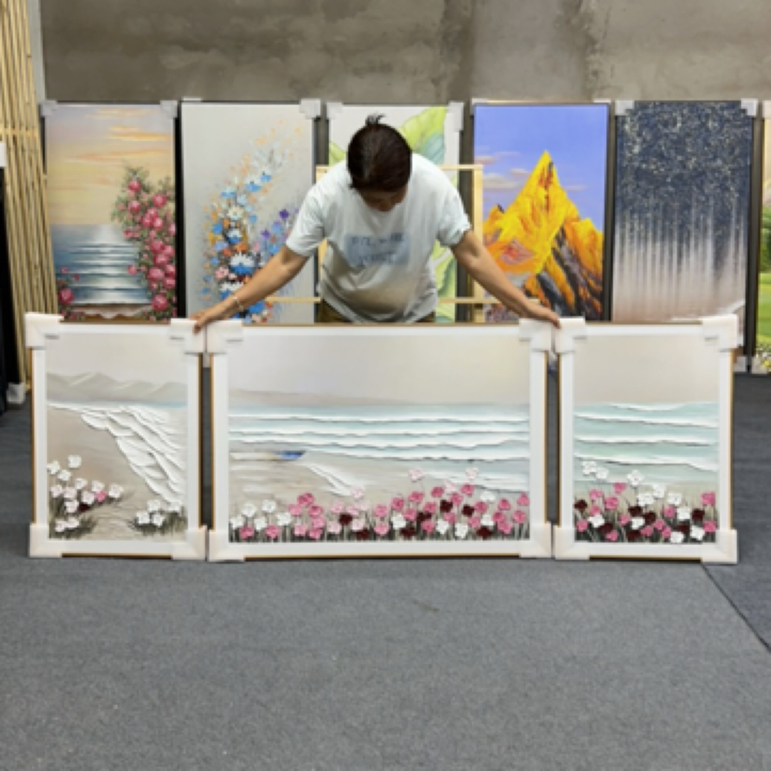 【海上繁花】客厅沙发背景墙手绘三联挂画砂岩肌理油画现代风70200