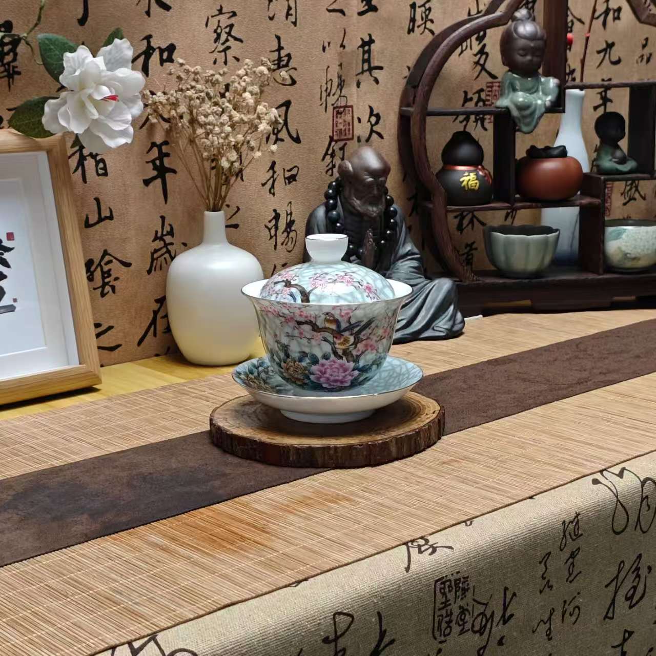 珐琅彩三才盖碗茶杯复古粉彩陶瓷茶具扒花红色茶碗泡茶带盖不烫手