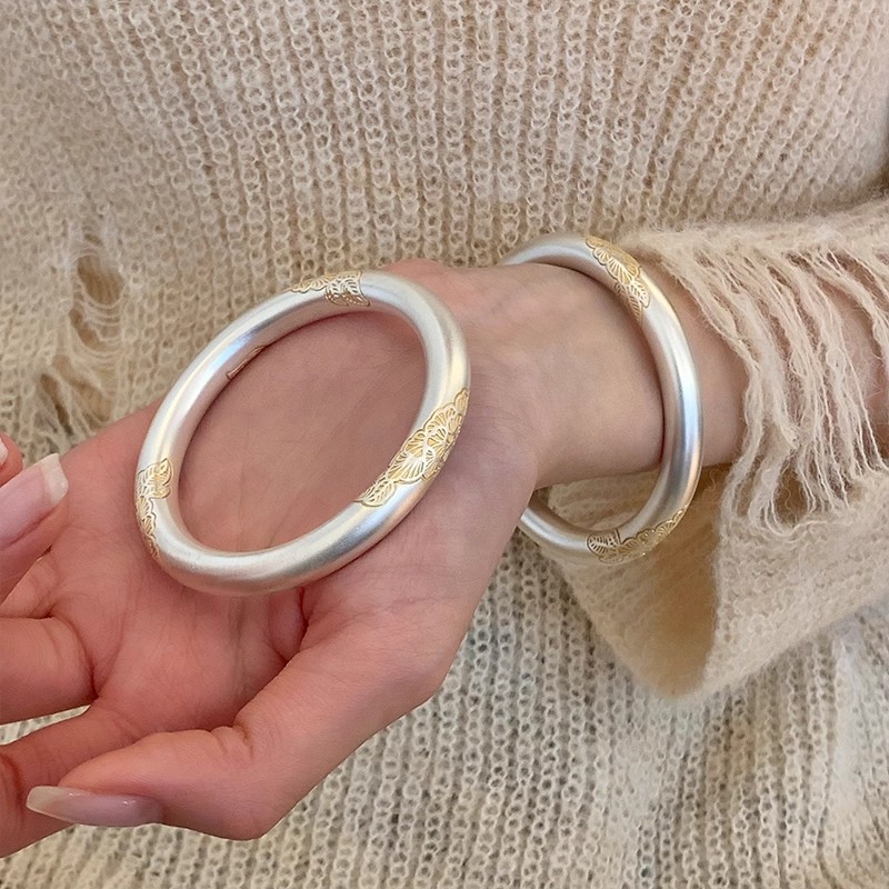 足银手镯 足银999银金花叶手镯女款高级感轻奢小众精致国风送女友