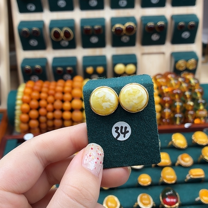 琥珀银S925镶嵌耳饰