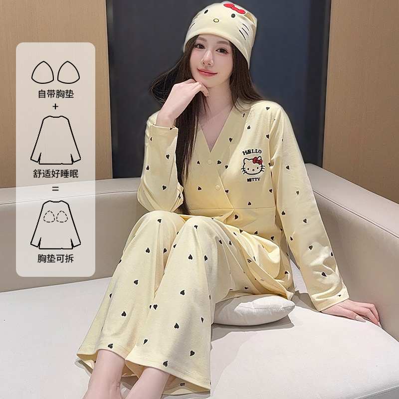 【送月子帽】带胸垫月子服纯棉100%全棉孕妇睡衣秋冬季哺乳家居服12