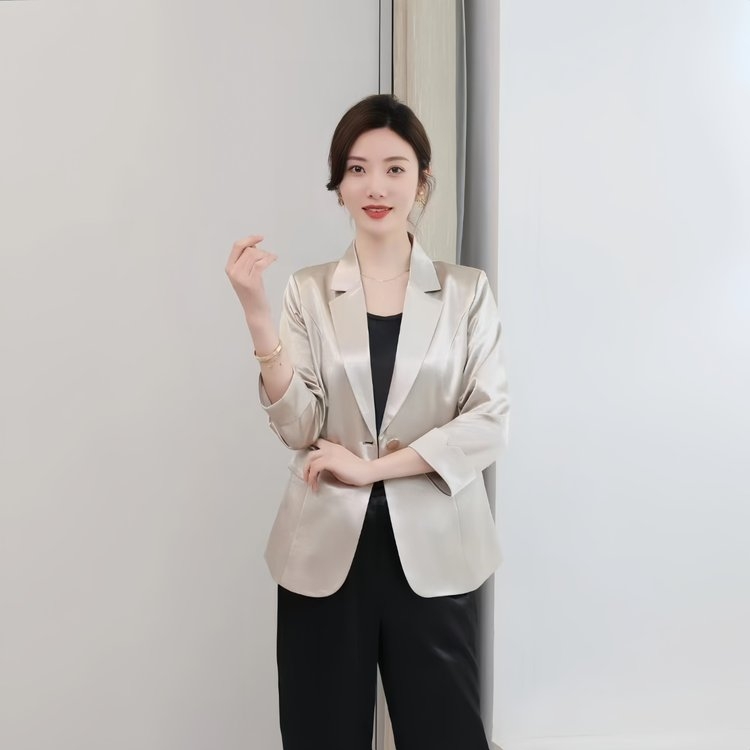 夏季醋酸缎面九分袖修身显瘦百搭气质小西装