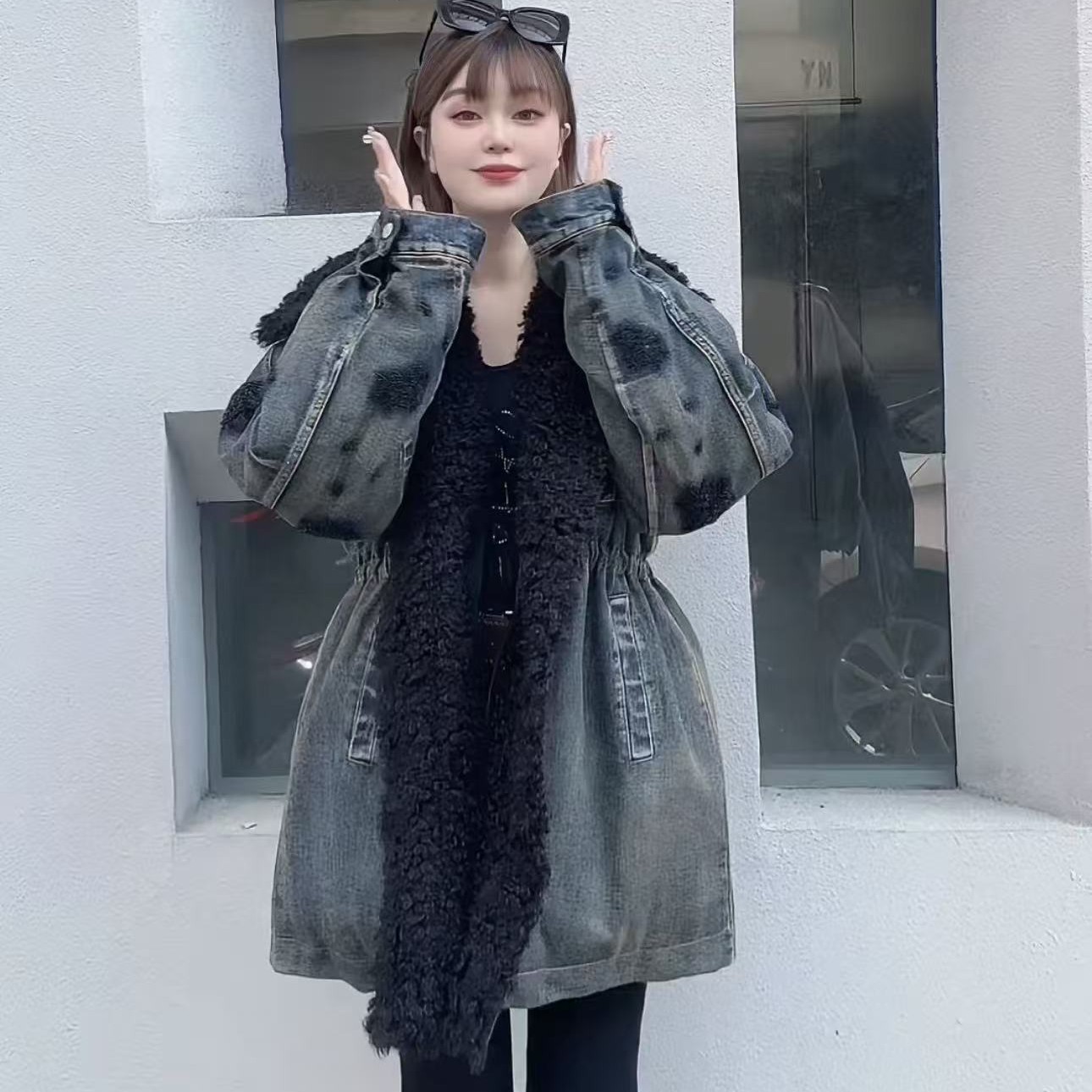 欧货女装原创不撞色冬季大毛领外套收腰钉珠白鸭绒牛仔服宽松羽绒
