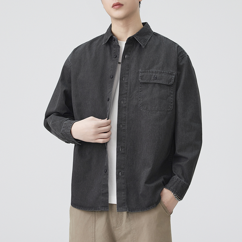 春秋纯棉男士长袖简约衬衫休闲复古男装纯色衬衣宽松上衣水洗外套