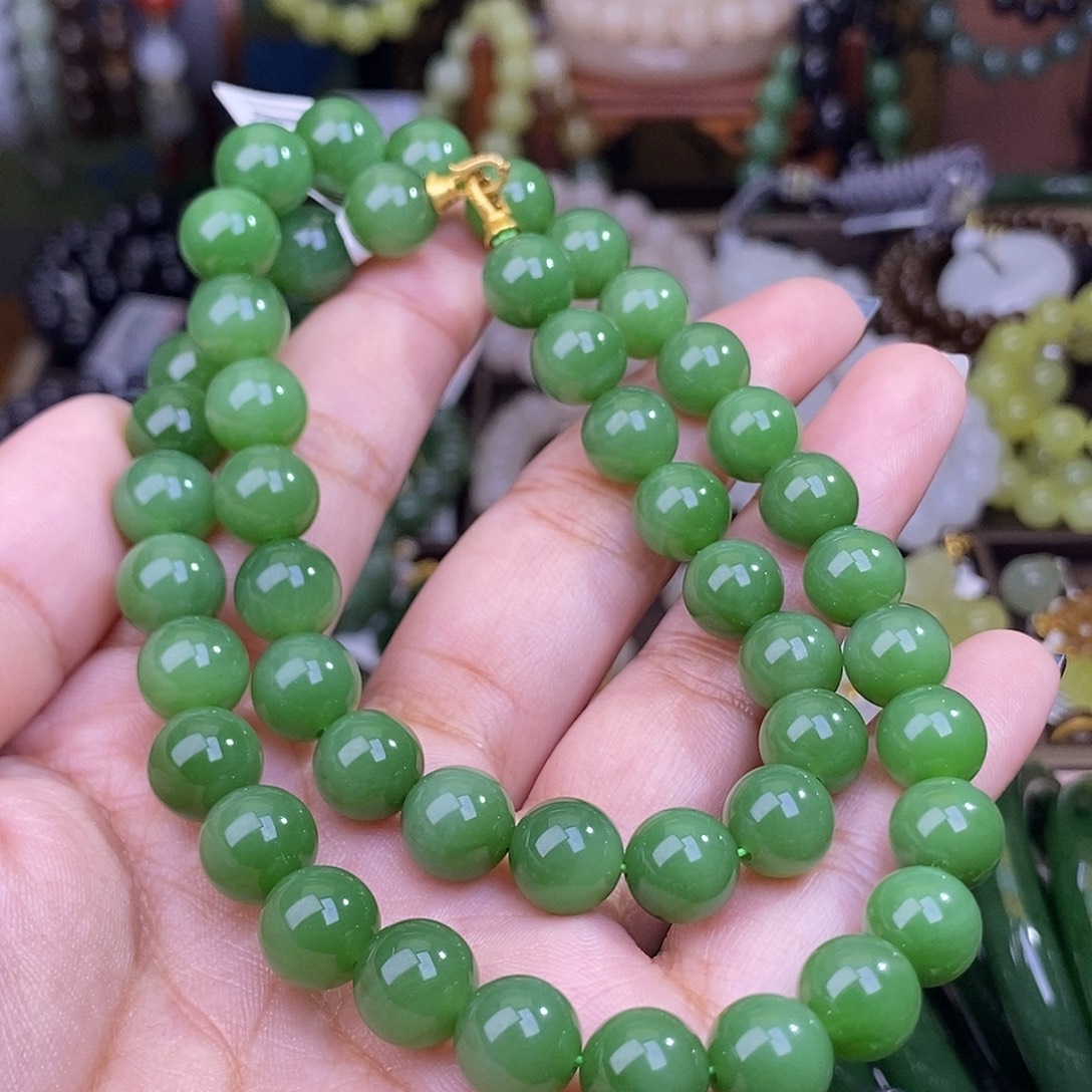 手链未镶嵌和田玉碧玉粉绿金镶约10mm妈妈项链