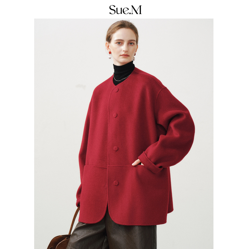 Sue.m圆领一手长微落肩红色大衣女25冬季新款羊毛羊绒毛呢外套女