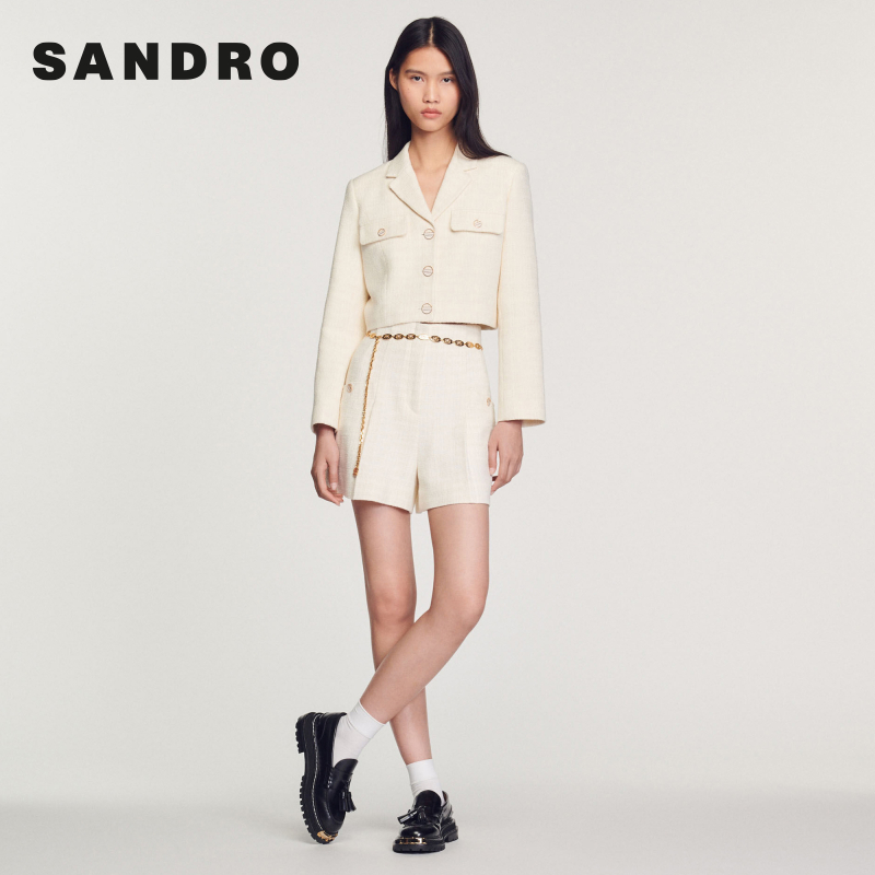 SANDRO秋冬新款女装时尚气质排扣短款粗花呢长袖外套SFPVE00704