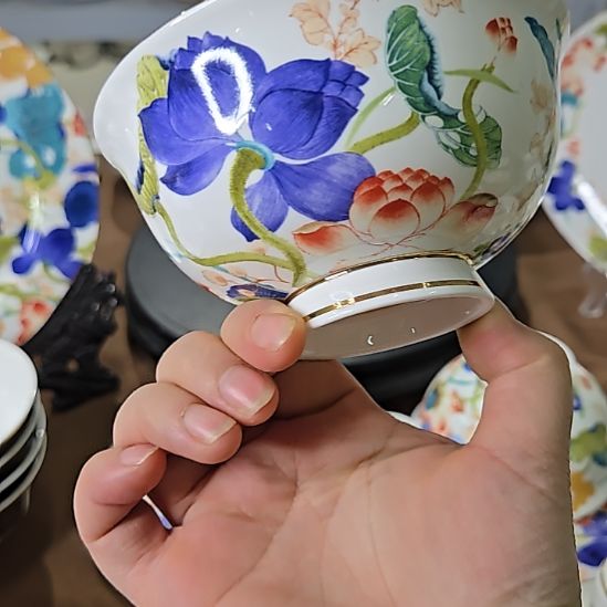 瓷片珐琅彩荷塘4.5寸6个米饭碗66666