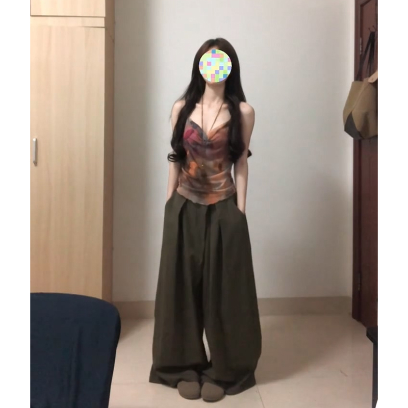 2025夏季新款女法式气质修身碎花吊带上衣设计感高腰宽松阔腿长裤