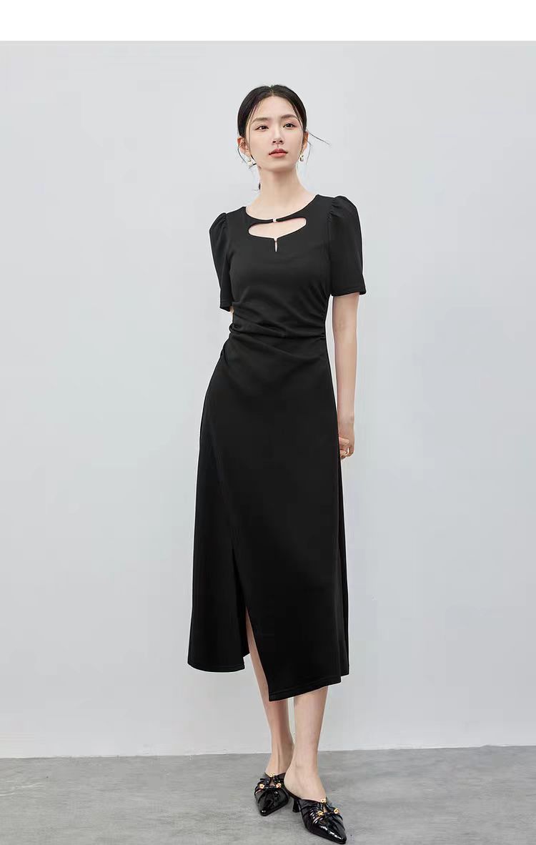 夏季新款法式气质收腰开叉连衣裙A142