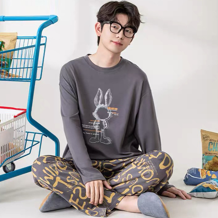 春秋季男士纯棉睡衣长袖长裤睡衣套装春秋款舒适休闲宽松家居服