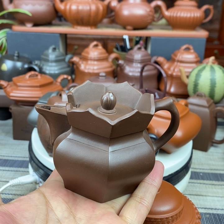 紫砂茶壶六方僧帽130cc原矿一厂老紫泥