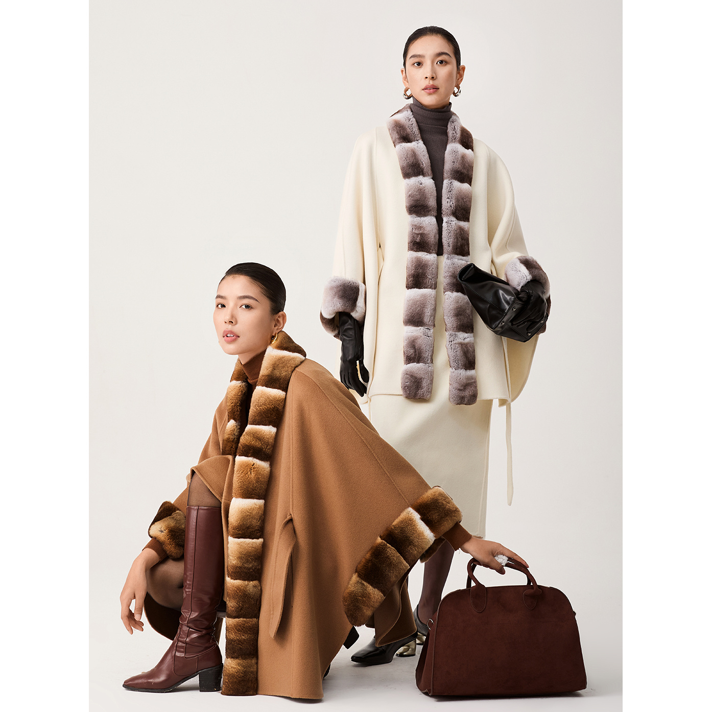 冬季高级感双面羊绒大衣斗篷青紫蓝皮草毛呢时尚外套-83122-1