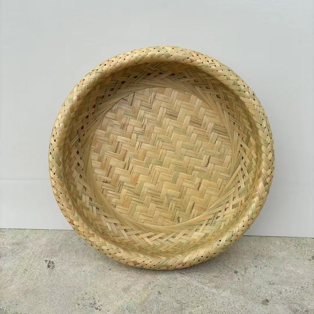 40公分双层头层皮果盘点心盘家用馒头筐手工创意竹制品