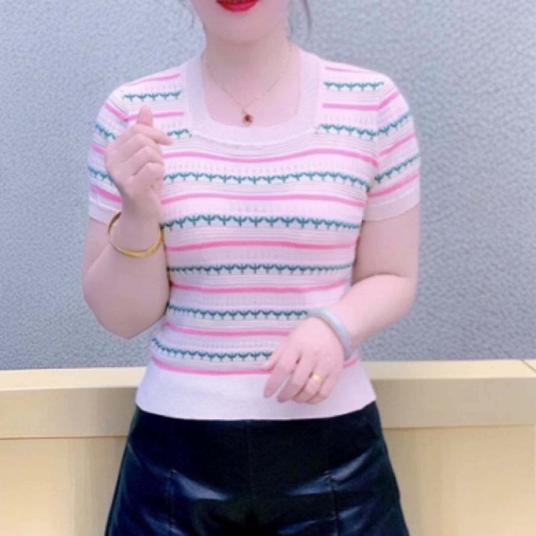 夏季气质短袖新款女薄款条纹镂空毛针织衫洋气女装显瘦上衣毛衣