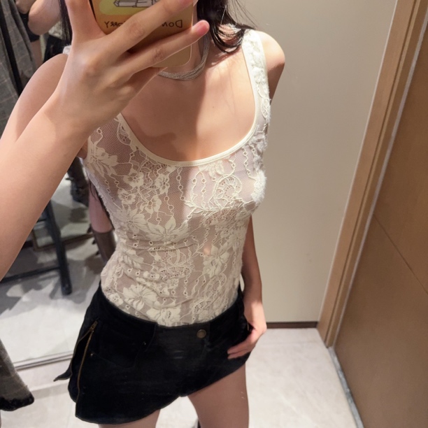 夏季钩花蕾丝拼接双层连裆镂空纱网女连体背心