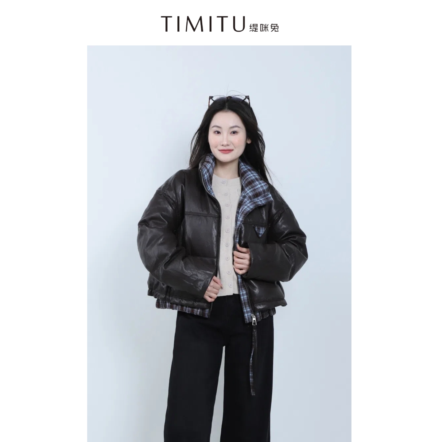 TIMITU缇咪兔栗子可可PU软皮立领格纹撞色宽松羽绒服34427004
