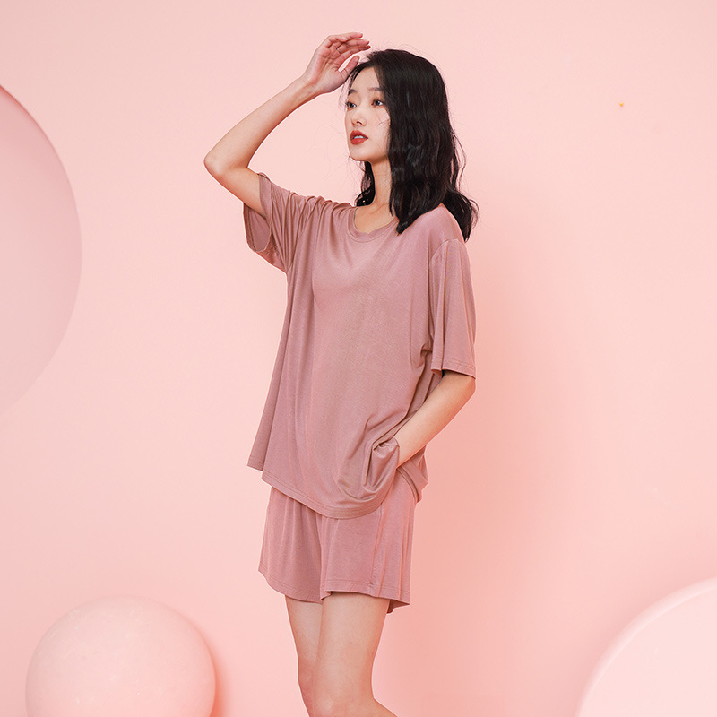 莫代尔睡衣女夏季短袖带胸垫2025新款休闲宽松薄款纯色短裤家居服