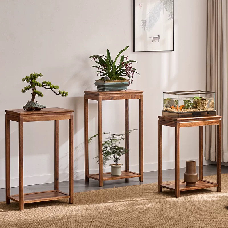 胡桃木长方形整装花架子家用落地实木置物架鱼缸架阳台盆景加长宽