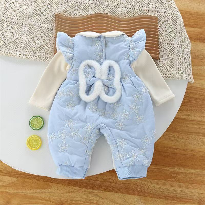 秋冬女蝴蝶衣冬季拉链外出哈衣爬服背带裤加厚满绣哈衣套装Q032