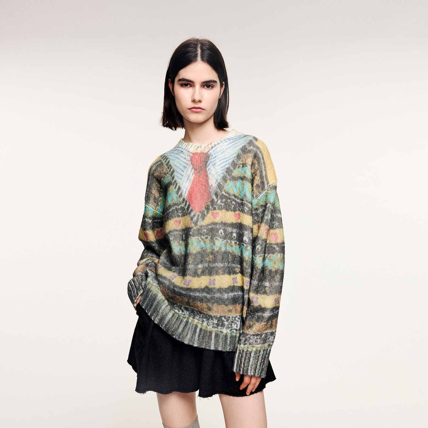 UOOYAA/乌丫2025冬「奇幻都市」复古毛衣印花毛衫UY25442M305171